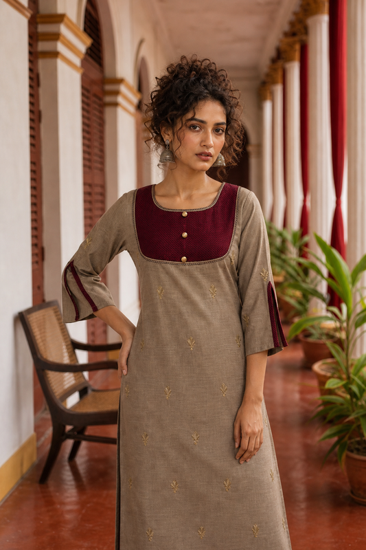 Kurta élégant en coton beige avec empiècement brodé bordeaux, boutons dorés et palazzo assorti