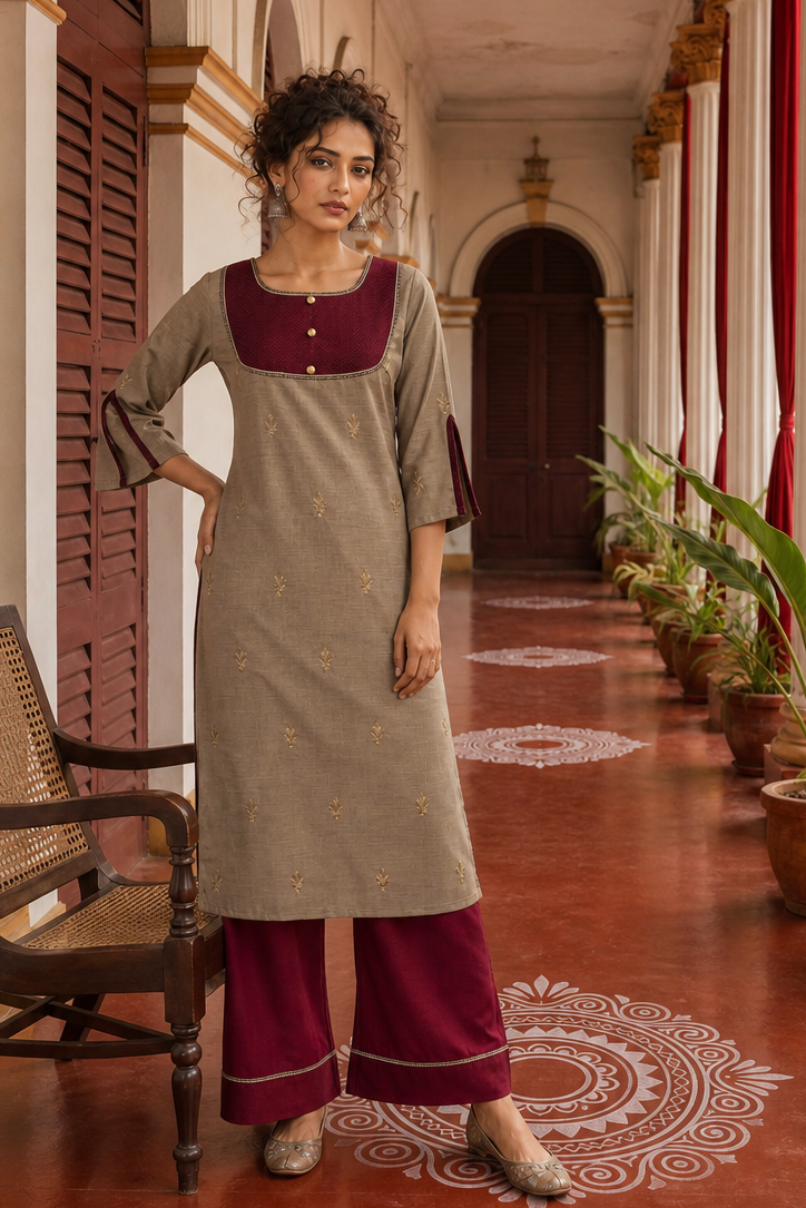 Elegant Beige Cotton Kurta with Maroon Embroidered Yoke, Gold Buttons & Coordinated Palazzo
