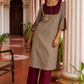 Elegant Beige Cotton Kurta with Maroon Embroidered Yoke, Gold Buttons & Coordinated Palazzo