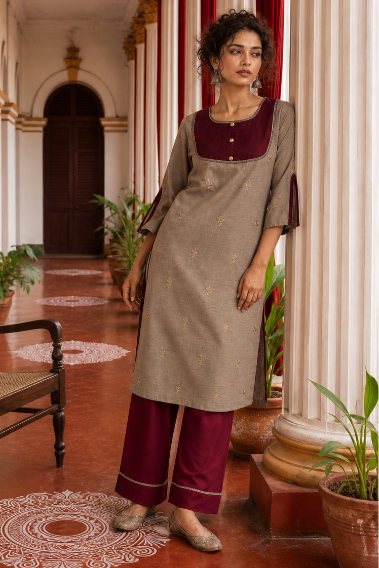 Elegant Beige Cotton Kurta with Maroon Embroidered Yoke, Gold Buttons & Coordinated Palazzo
