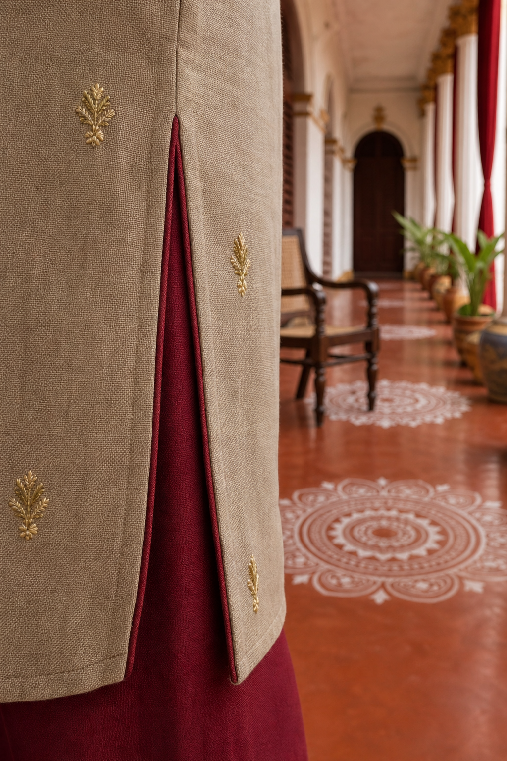Elegant Beige Cotton Kurta with Maroon Embroidered Yoke, Gold Buttons & Coordinated Palazzo
