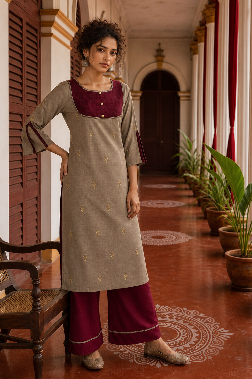 Elegant Beige Cotton Kurta with Maroon Embroidered Yoke, Gold Buttons & Coordinated Palazzo