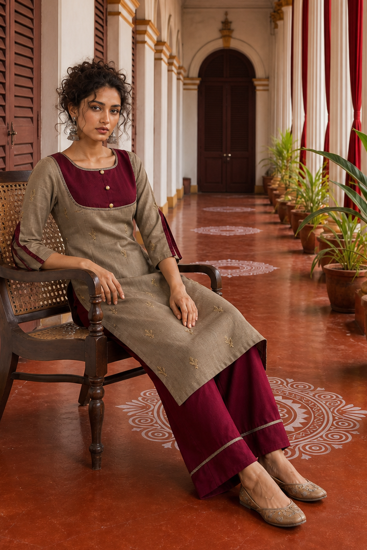 Elegant Beige Cotton Kurta with Maroon Embroidered Yoke, Gold Buttons & Coordinated Palazzo