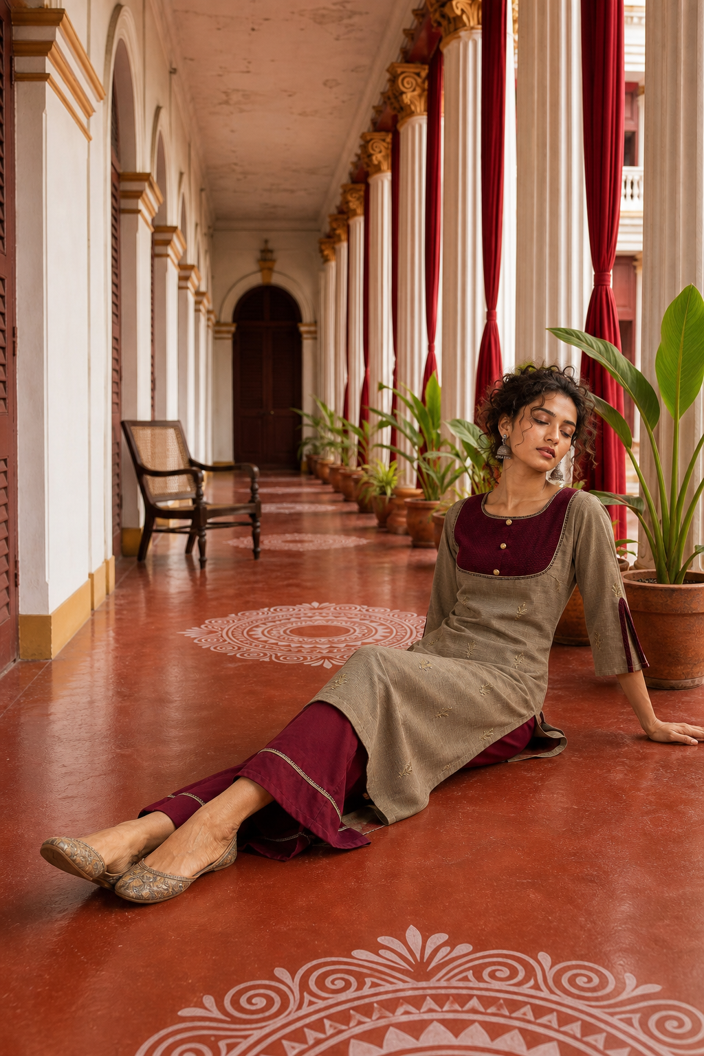 Elegant Beige Cotton Kurta with Maroon Embroidered Yoke, Gold Buttons & Coordinated Palazzo