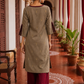 Elegant Beige Cotton Kurta with Maroon Embroidered Yoke, Gold Buttons & Coordinated Palazzo