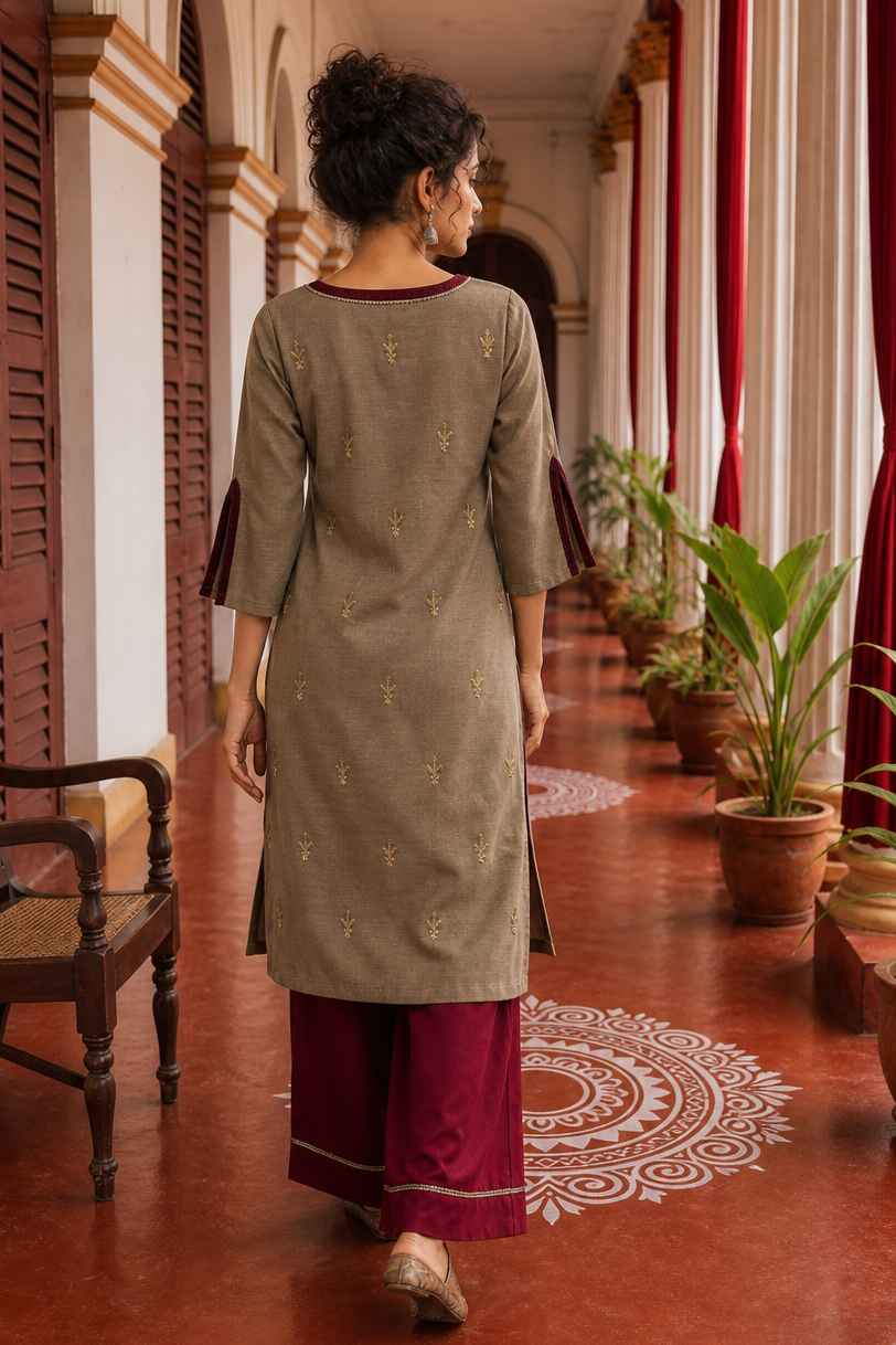 Elegant Beige Cotton Kurta with Maroon Embroidered Yoke, Gold Buttons & Coordinated Palazzo