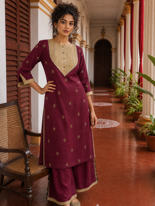 Kurta élégant en coton bordeaux avec empiècement brodé beige contrastant et détails à sequins