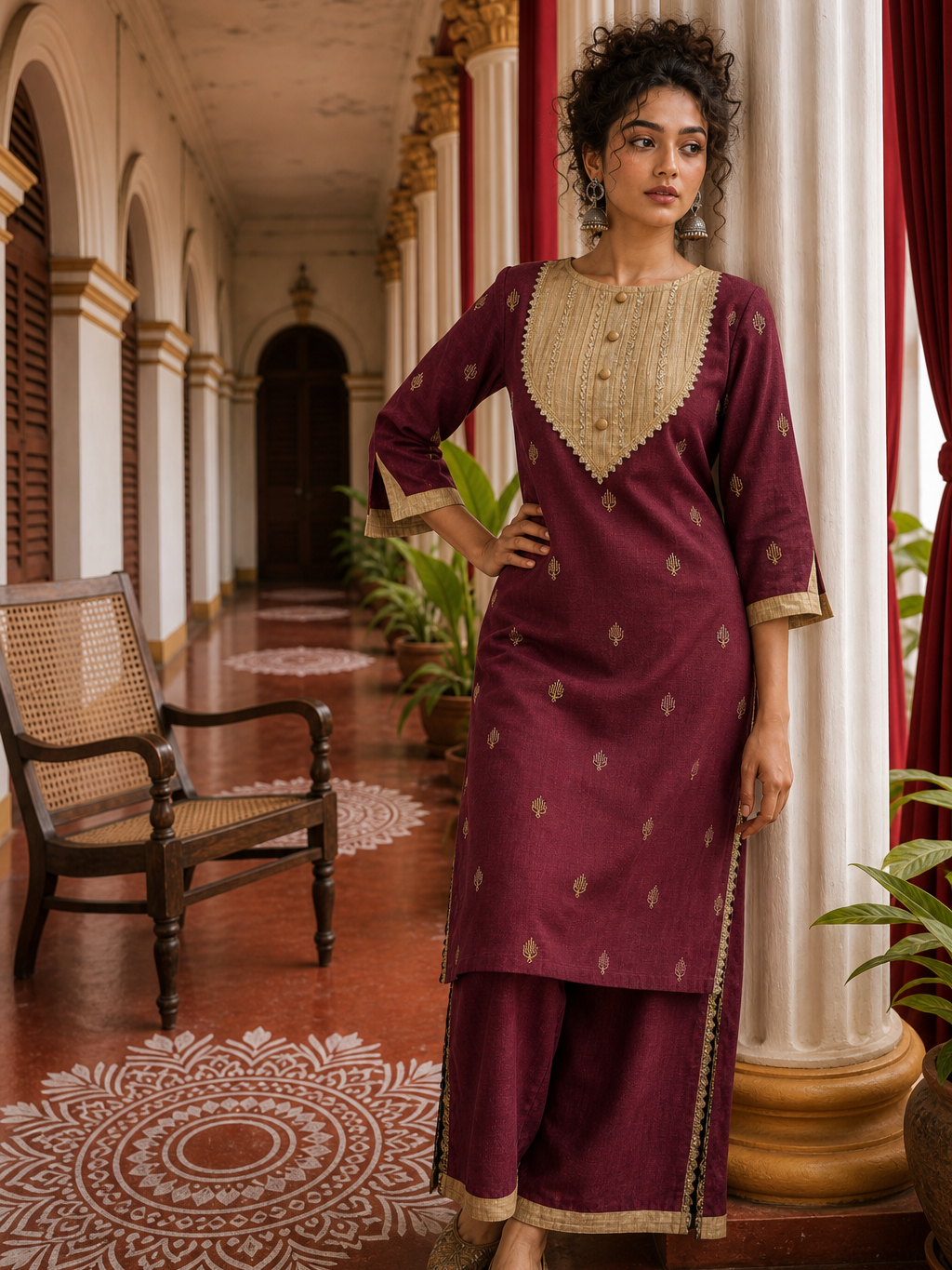 Elegant Maroon Cotton Kurta with Contrasting Beige Embroidered Yoke & Sequin Detailing