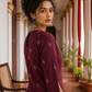 Elegant Maroon Cotton Kurta with Contrasting Beige Embroidered Yoke & Sequin Detailing