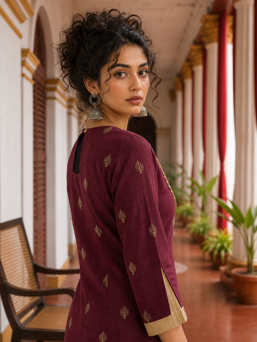 Elegant Maroon Cotton Kurta with Contrasting Beige Embroidered Yoke & Sequin Detailing