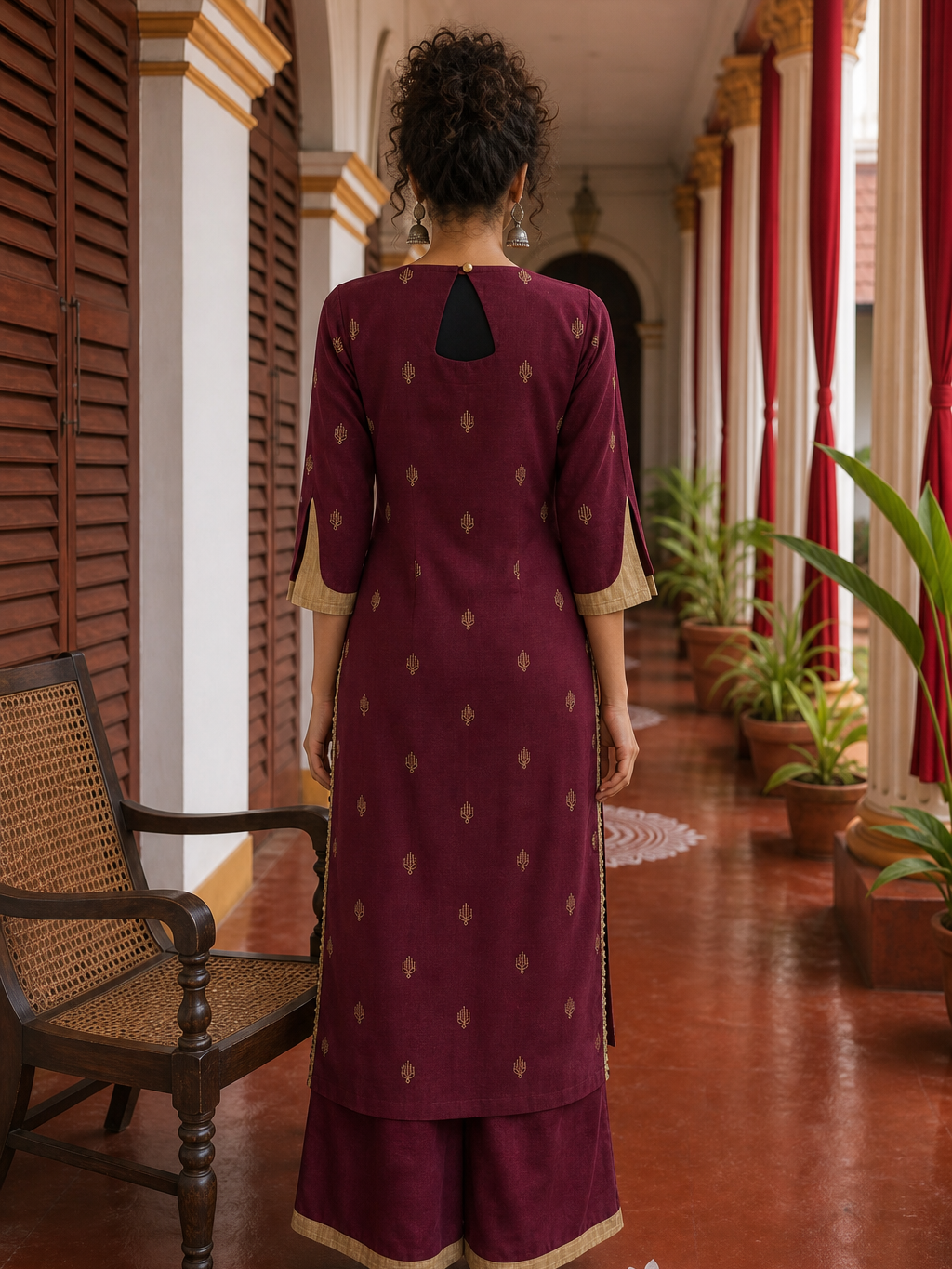 Elegant Maroon Cotton Kurta with Contrasting Beige Embroidered Yoke & Sequin Detailing