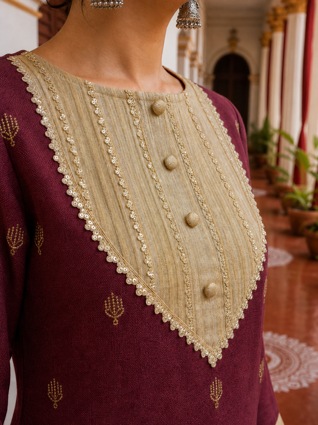 Elegant Maroon Cotton Kurta with Contrasting Beige Embroidered Yoke & Sequin Detailing