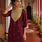 Elegant Maroon Cotton Kurta with Contrasting Beige Embroidered Yoke & Sequin Detailing
