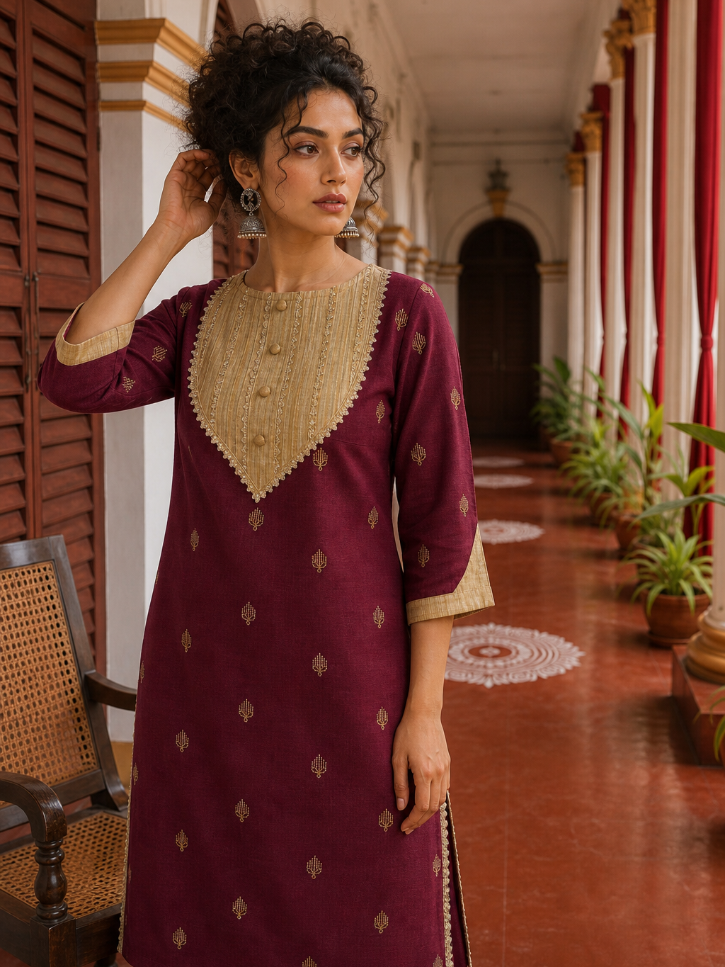 Elegant Maroon Cotton Kurta with Contrasting Beige Embroidered Yoke & Sequin Detailing
