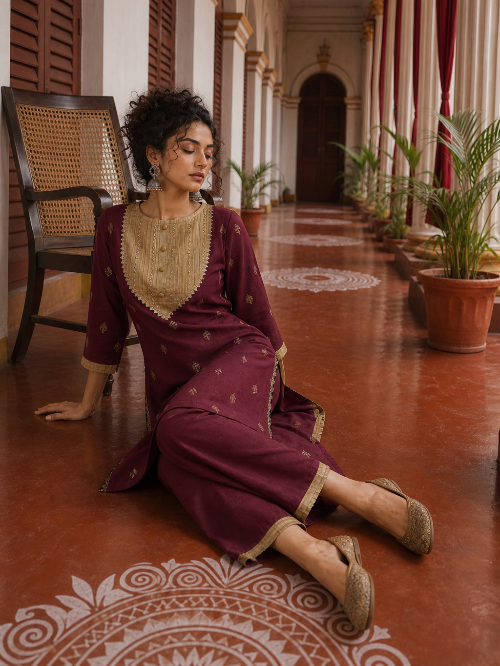 Elegant Maroon Cotton Kurta with Contrasting Beige Embroidered Yoke & Sequin Detailing