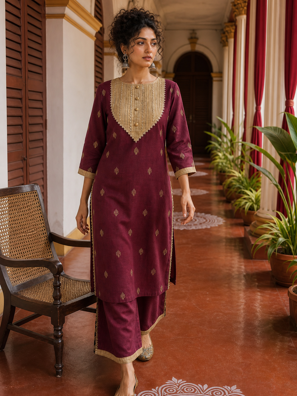 Elegant Maroon Cotton Kurta with Contrasting Beige Embroidered Yoke & Sequin Detailing