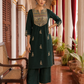 Bottle Green Cotton Kurta with Madhubani Print Yoke Panel & Floral Embroidered Sleeves