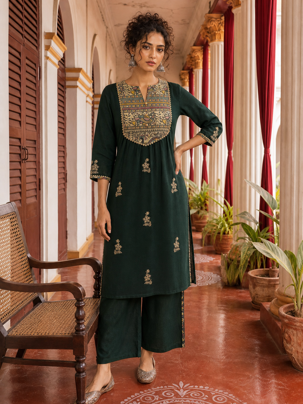 Bottle Green Cotton Kurta with Madhubani Print Yoke Panel & Floral Embroidered Sleeves