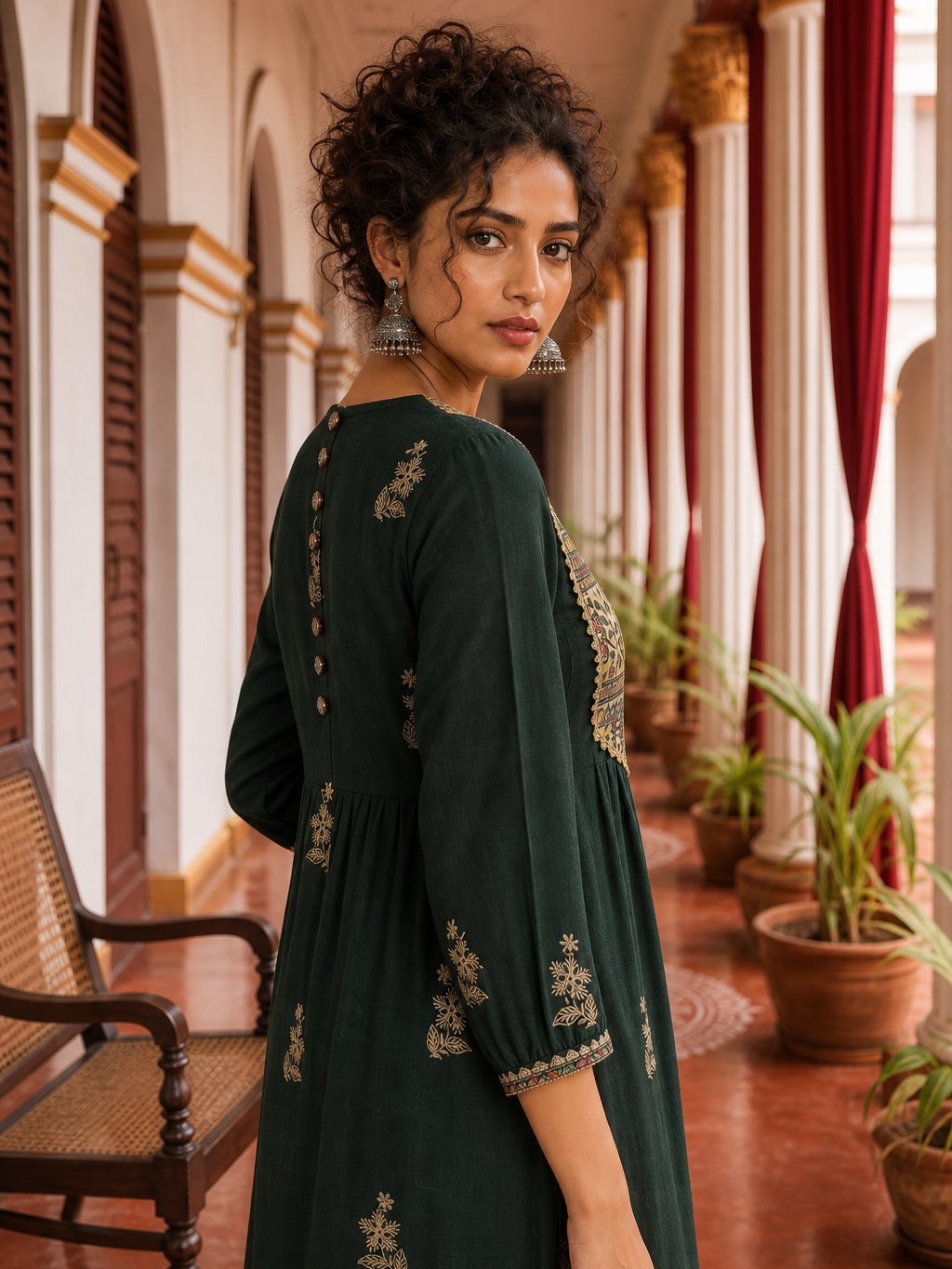 Bottle Green Cotton Kurta with Madhubani Print Yoke Panel & Floral Embroidered Sleeves