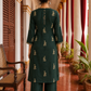 Bottle Green Cotton Kurta with Madhubani Print Yoke Panel & Floral Embroidered Sleeves