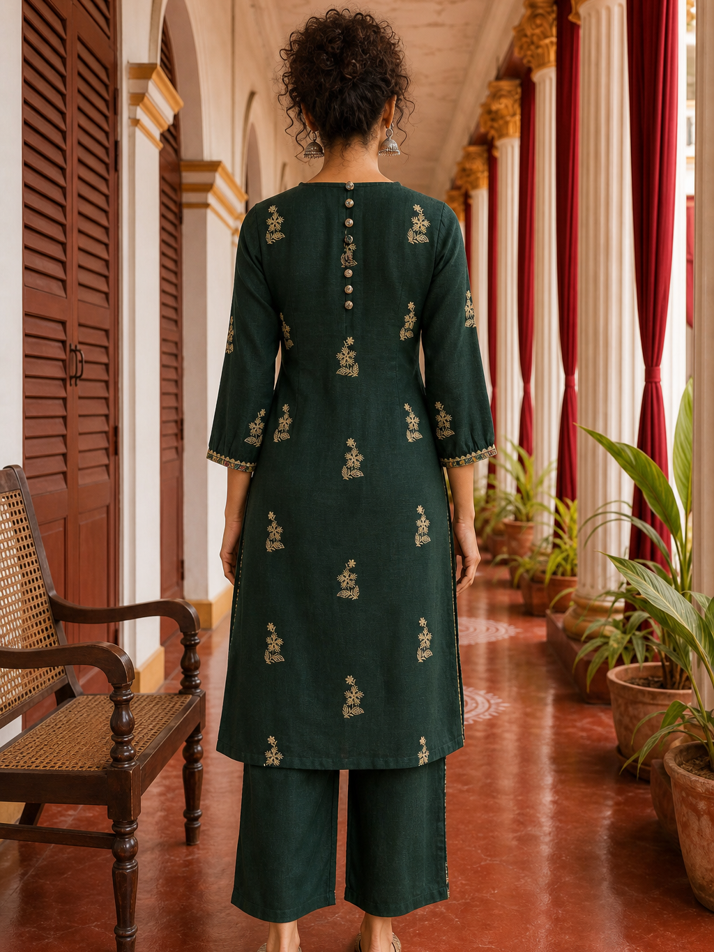 Bottle Green Cotton Kurta with Madhubani Print Yoke Panel & Floral Embroidered Sleeves