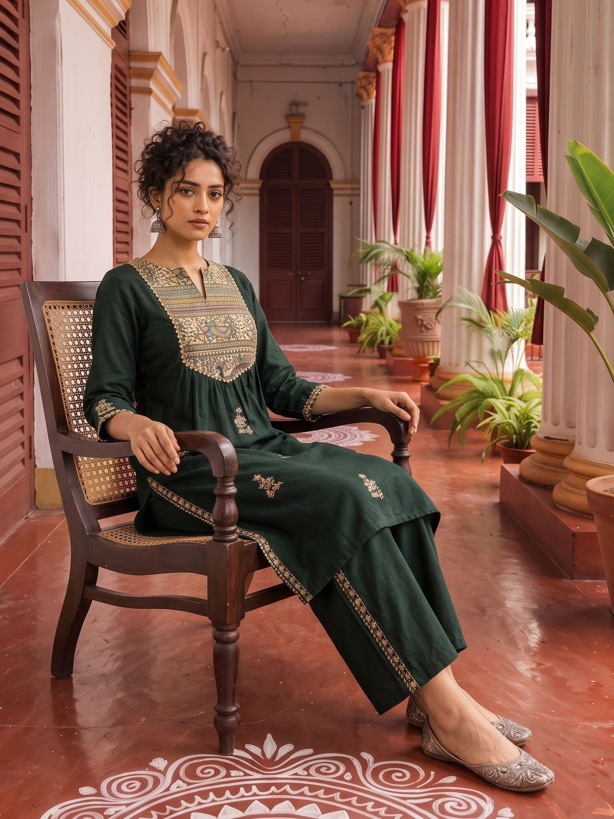Bottle Green Cotton Kurta with Madhubani Print Yoke Panel & Floral Embroidered Sleeves