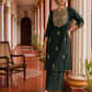 Bottle Green Cotton Kurta with Madhubani Print Yoke Panel & Floral Embroidered Sleeves
