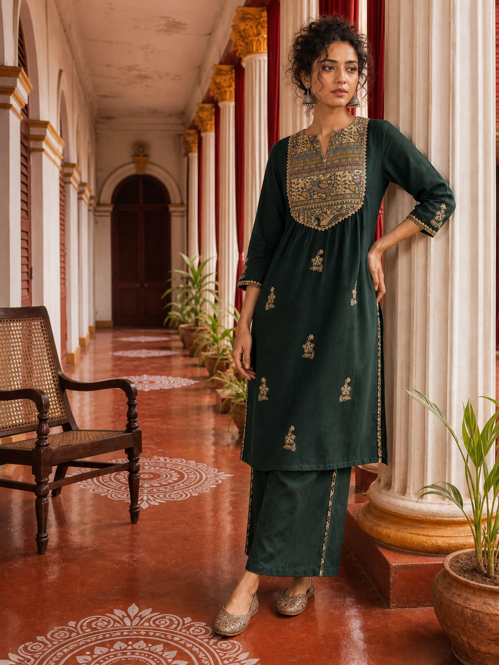 Bottle Green Cotton Kurta with Madhubani Print Yoke Panel & Floral Embroidered Sleeves