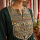 Bottle Green Cotton Kurta with Madhubani Print Yoke Panel & Floral Embroidered Sleeves