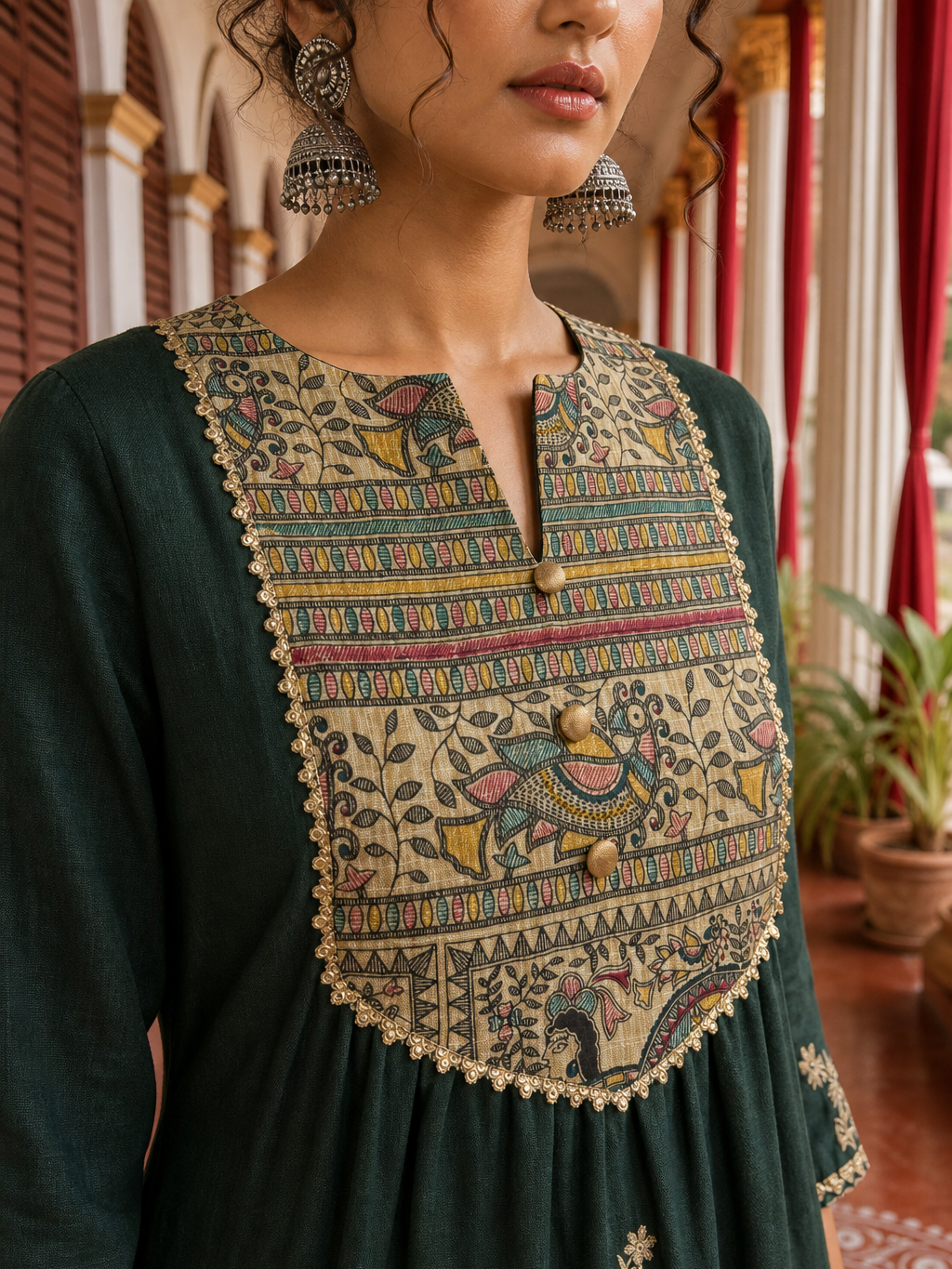Bottle Green Cotton Kurta with Madhubani Print Yoke Panel & Floral Embroidered Sleeves