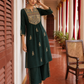 Bottle Green Cotton Kurta with Madhubani Print Yoke Panel & Floral Embroidered Sleeves