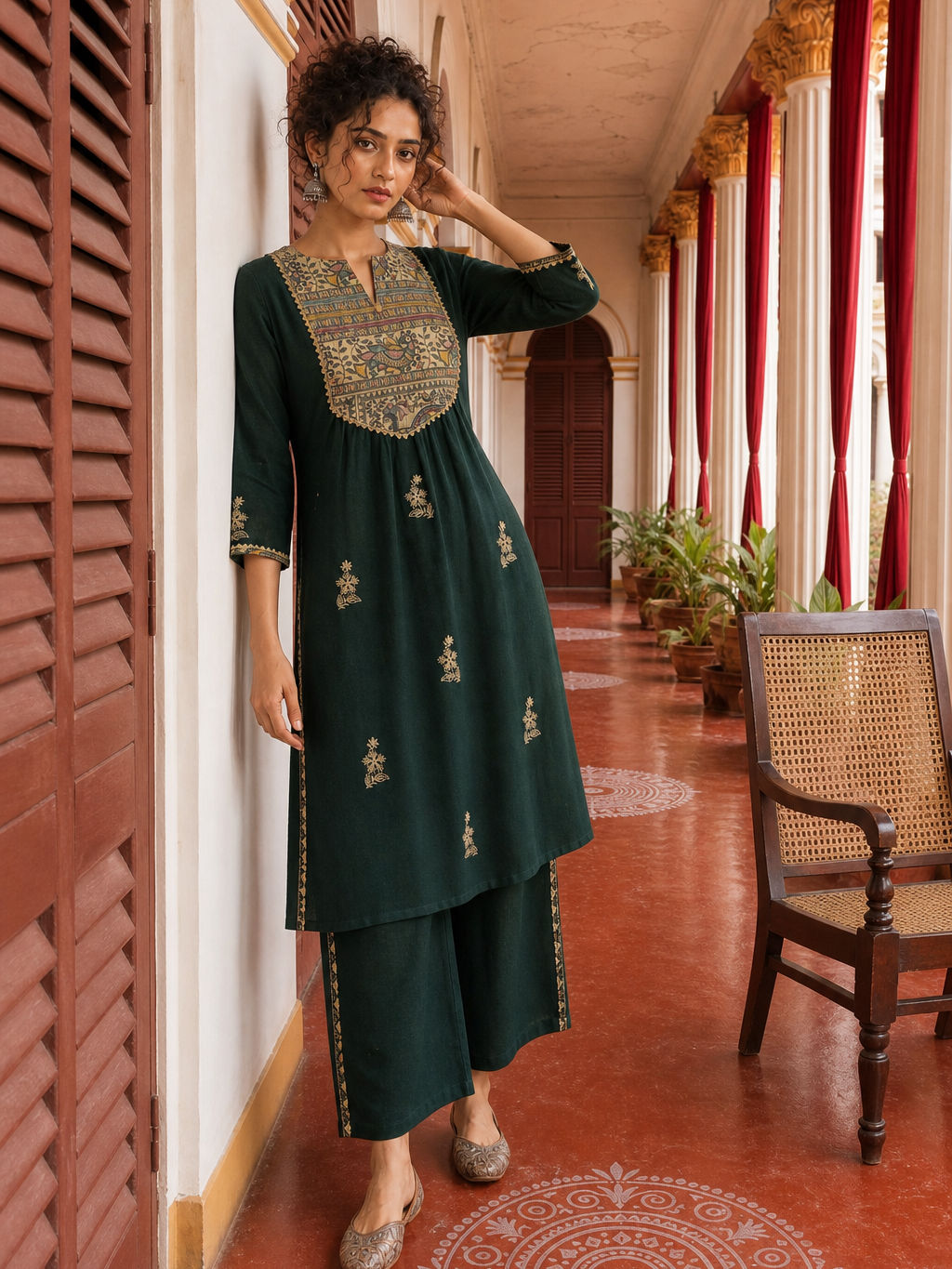 Bottle Green Cotton Kurta with Madhubani Print Yoke Panel & Floral Embroidered Sleeves
