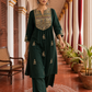 Bottle Green Cotton Kurta with Madhubani Print Yoke Panel & Floral Embroidered Sleeves