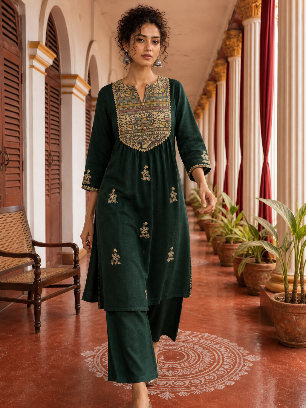 Bottle Green Cotton Kurta with Madhubani Print Yoke Panel & Floral Embroidered Sleeves