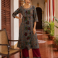 Elegant Blue Cotton kalamkari Kurta with hand work Sequin Mirror Embellished Neckline & Contrast Maroon Piping