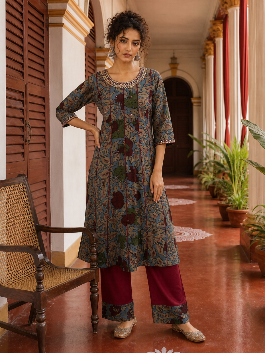 Elegant Blue Cotton kalamkari Kurta with hand work Sequin Mirror Embellished Neckline & Contrast Maroon Piping
