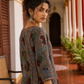 Elegant Blue Cotton kalamkari Kurta with hand work Sequin Mirror Embellished Neckline & Contrast Maroon Piping