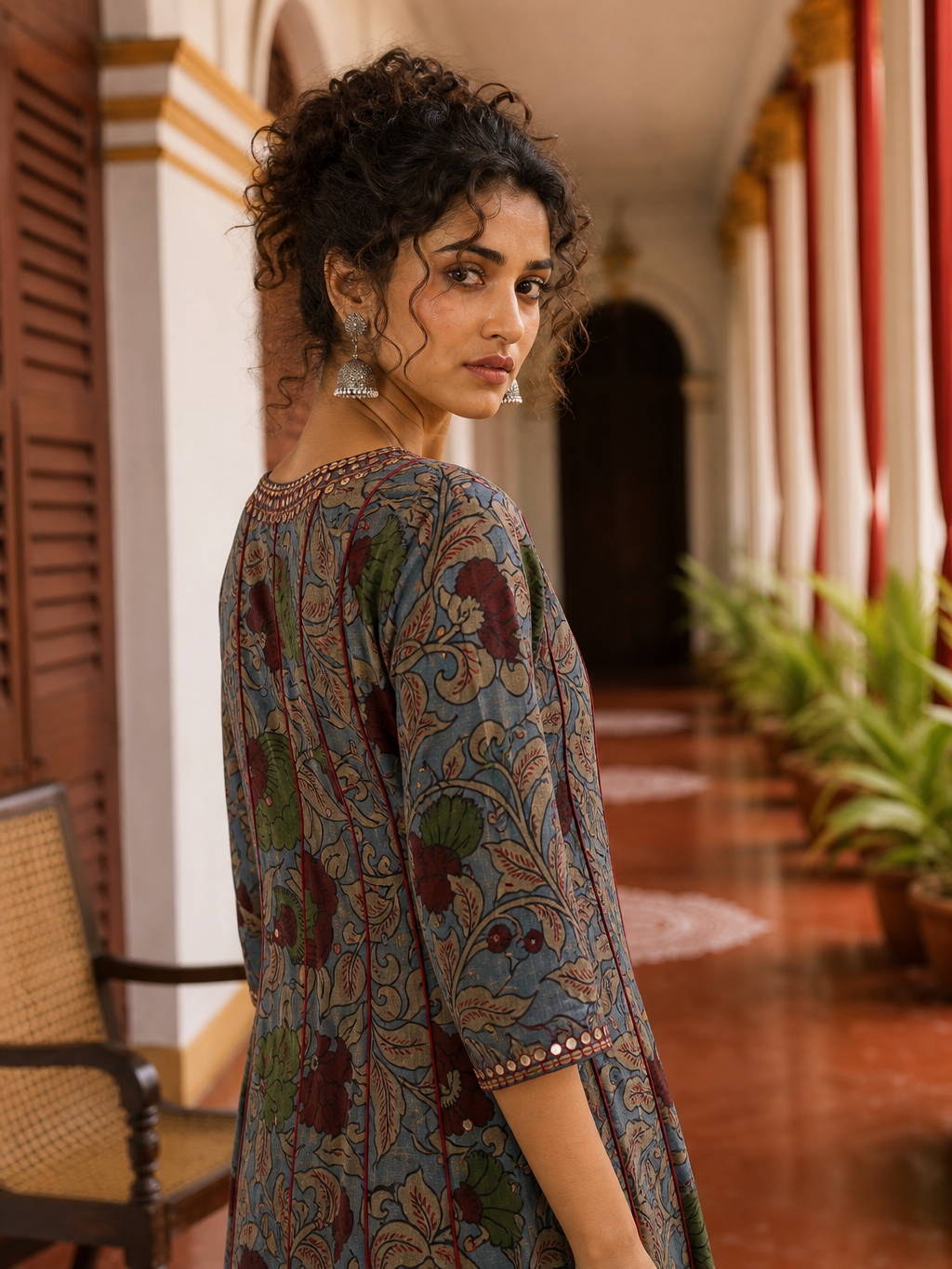 Elegant Blue Cotton kalamkari Kurta with hand work Sequin Mirror Embellished Neckline & Contrast Maroon Piping