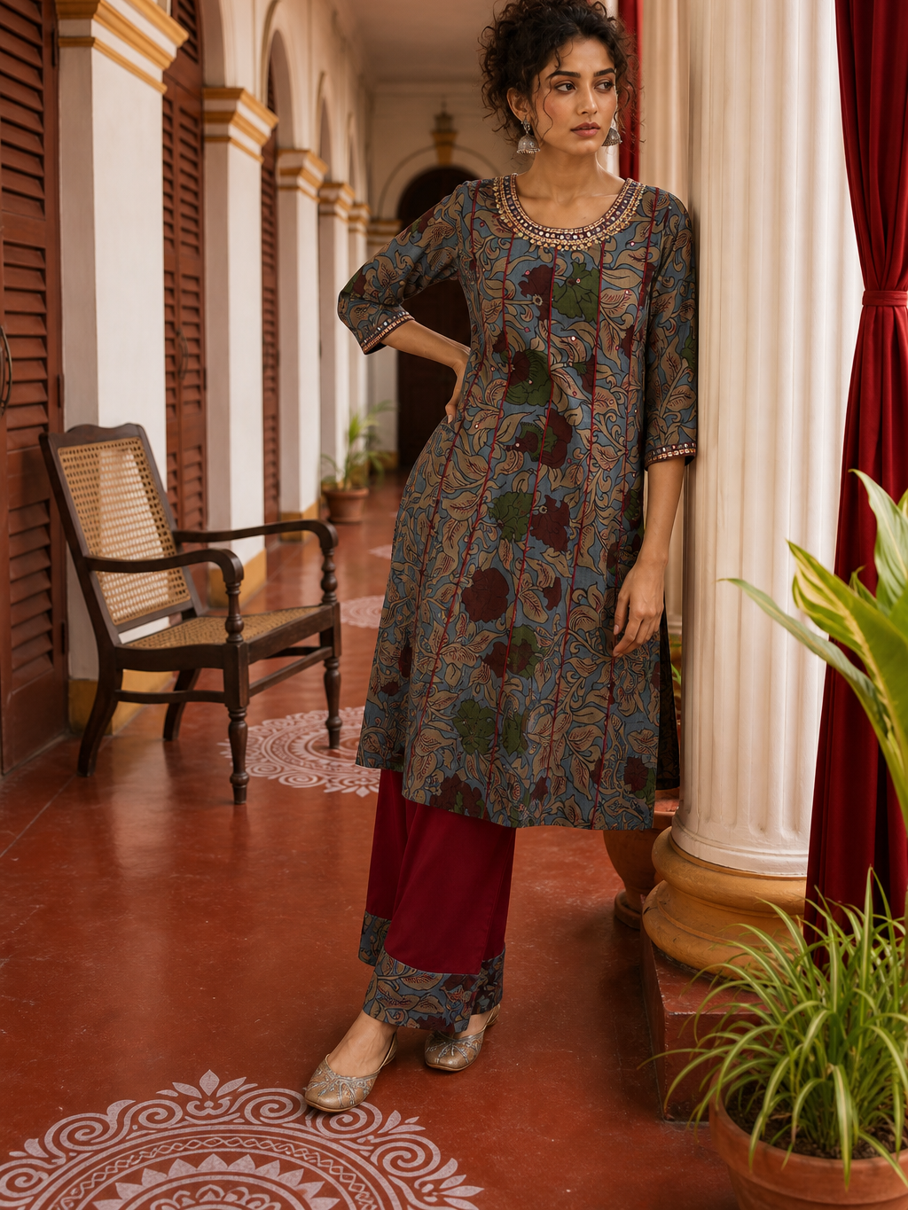 Elegant Blue Cotton kalamkari Kurta with hand work Sequin Mirror Embellished Neckline & Contrast Maroon Piping