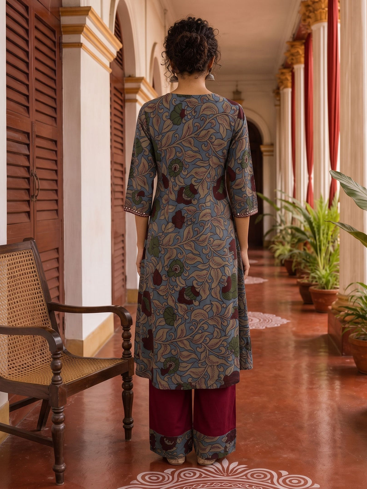 Elegant Blue Cotton kalamkari Kurta with hand work Sequin Mirror Embellished Neckline & Contrast Maroon Piping