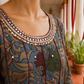 Elegant Blue Cotton kalamkari Kurta with hand work Sequin Mirror Embellished Neckline & Contrast Maroon Piping