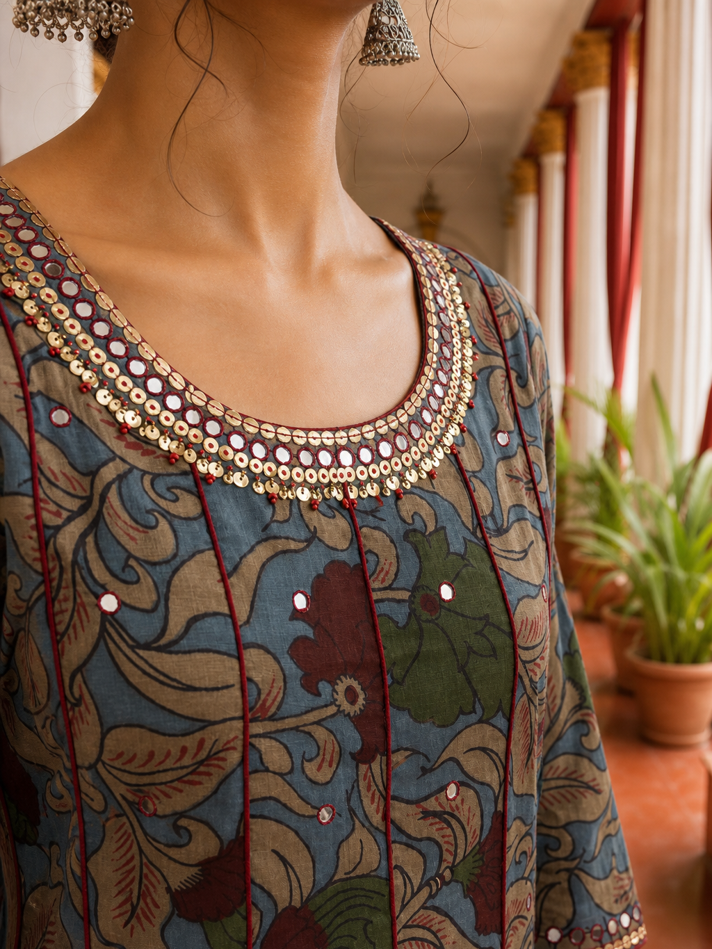Elegant Blue Cotton kalamkari Kurta with hand work Sequin Mirror Embellished Neckline & Contrast Maroon Piping