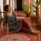 Elegant Blue Cotton kalamkari Kurta with hand work Sequin Mirror Embellished Neckline & Contrast Maroon Piping