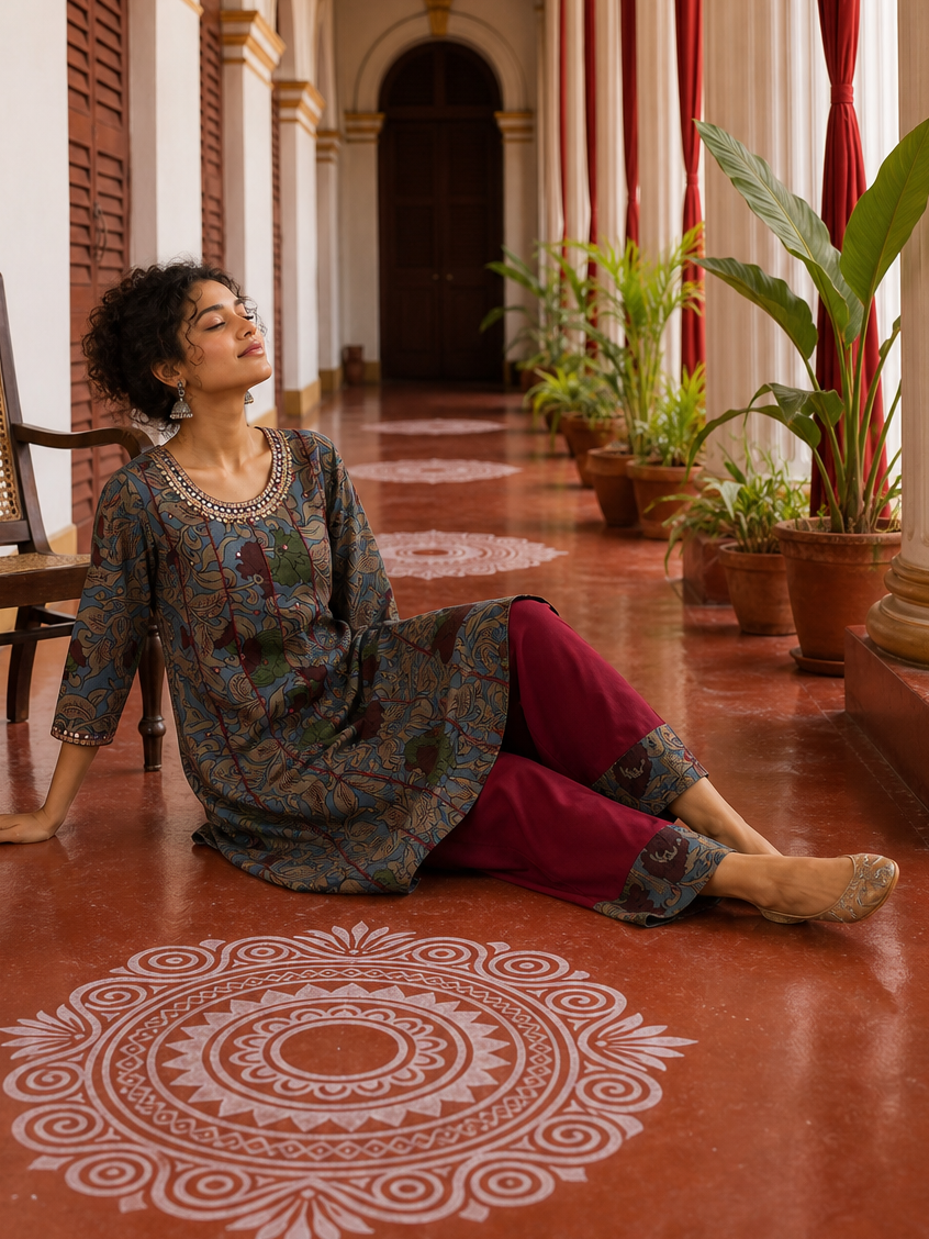 Elegant Blue Cotton kalamkari Kurta with hand work Sequin Mirror Embellished Neckline & Contrast Maroon Piping