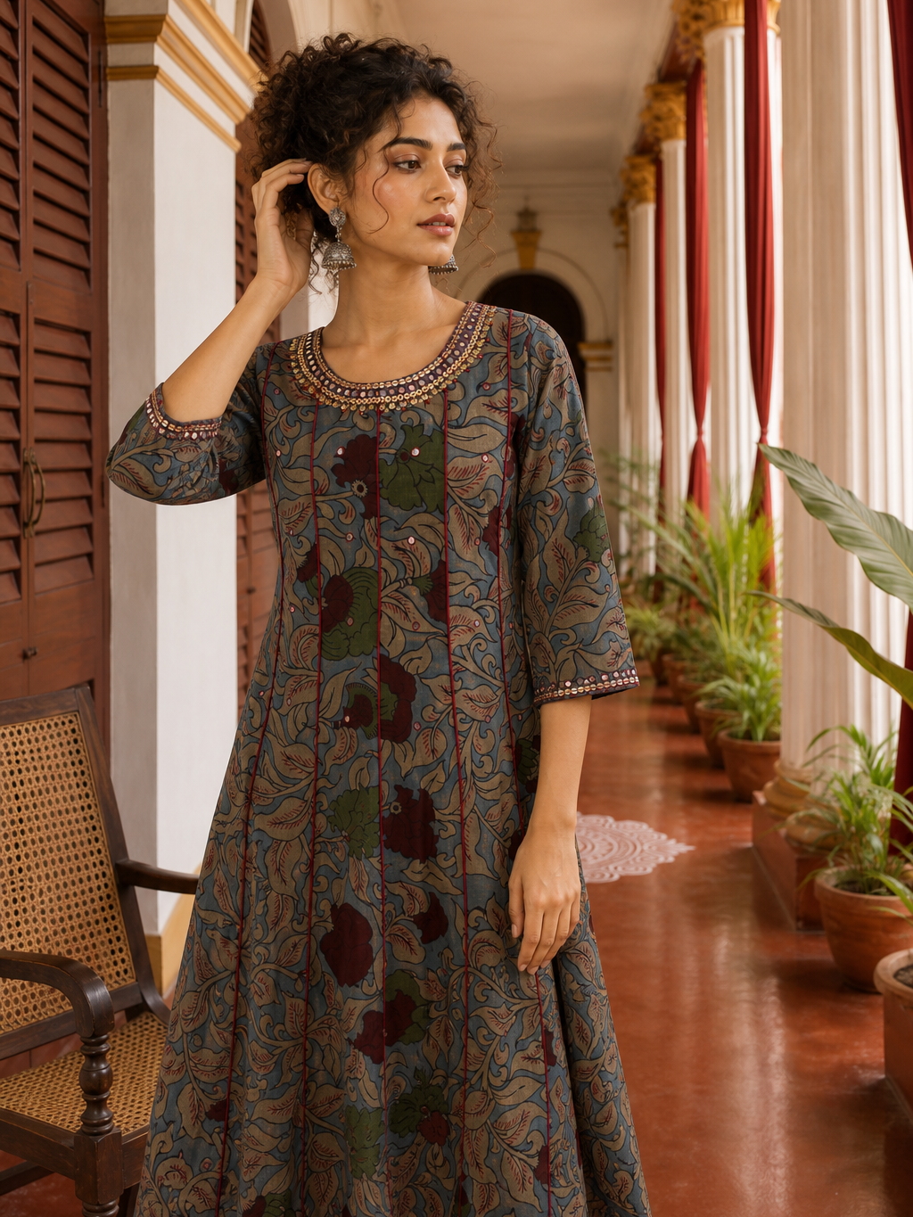 Elegant Blue Cotton kalamkari Kurta with hand work Sequin Mirror Embellished Neckline & Contrast Maroon Piping