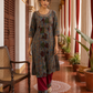 Elegant Blue Cotton kalamkari Kurta with hand work Sequin Mirror Embellished Neckline & Contrast Maroon Piping
