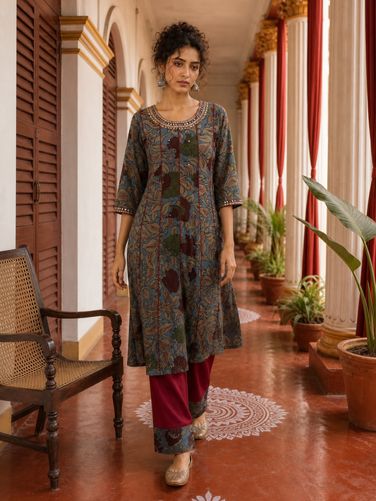 Kurta élégant en coton bleu style kalamkari avec encolure ornée de sequins et de miroirs faits main, et passepoil contrastant bordeaux.