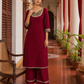Elegant Maroon Kurta with Madhubani Print Yoke, Sequinned Scalloped Lace Trim & Matching Palazzo Set