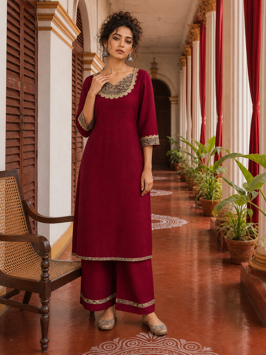Elegant Maroon Kurta with Madhubani Print Yoke, Sequinned Scalloped Lace Trim & Matching Palazzo Set