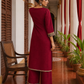 Elegant Maroon Kurta with Madhubani Print Yoke, Sequinned Scalloped Lace Trim & Matching Palazzo Set